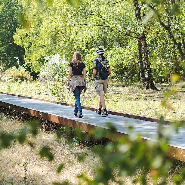 Zwei Menschen laufen über einen Steg im Natur Park Südgelände